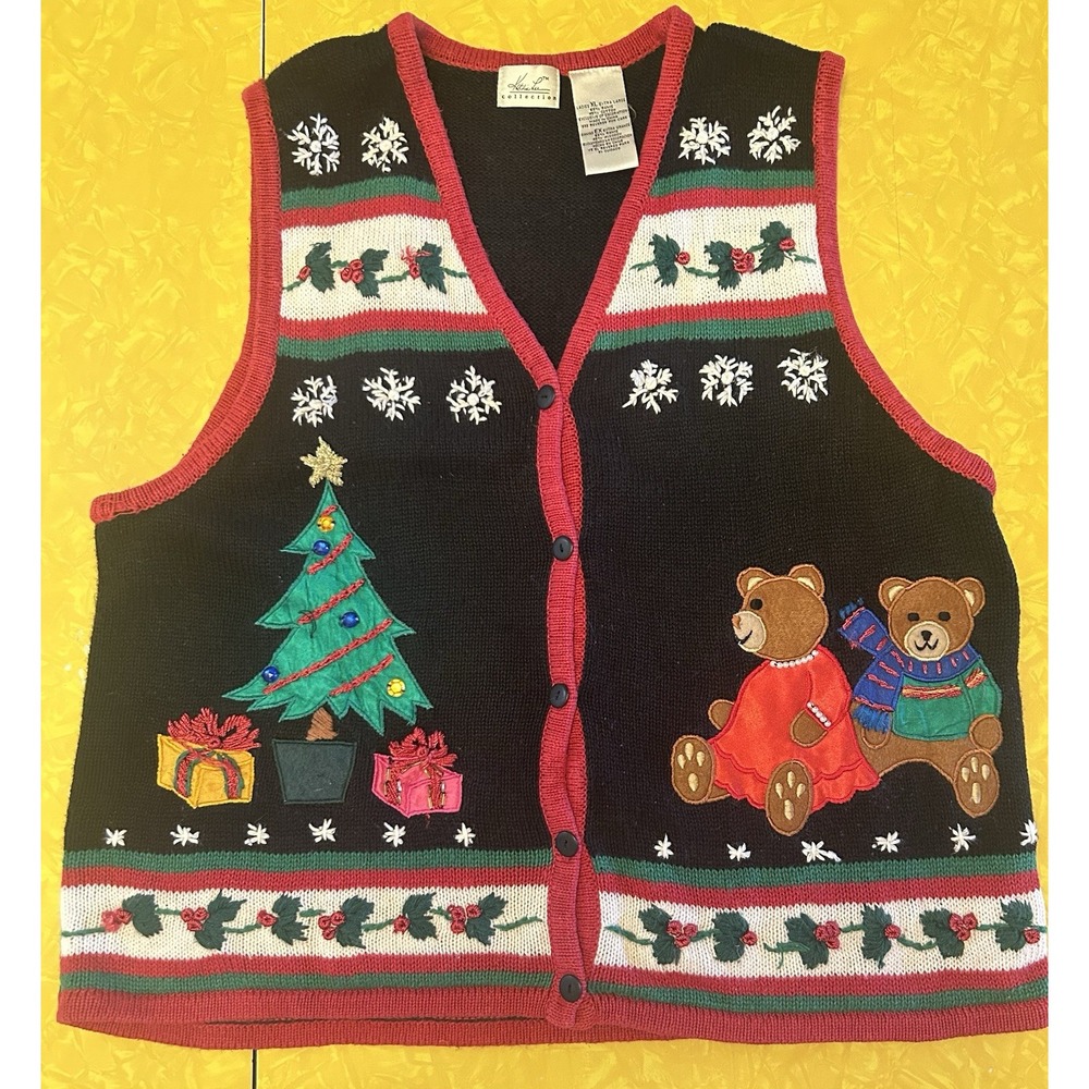 VTG 90s Kathie Lee Ugly Christmas Sweater Vest Black Bears Trees XL Grandmacore